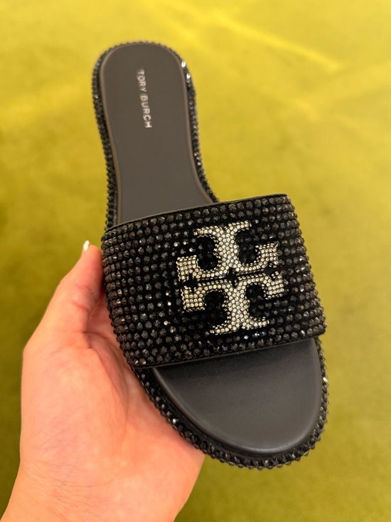 Tory Burch Shoes - Tory Burch Everly Crystal Logo Rhinestone Slide‎ Sandals, Black / Clear / Silver